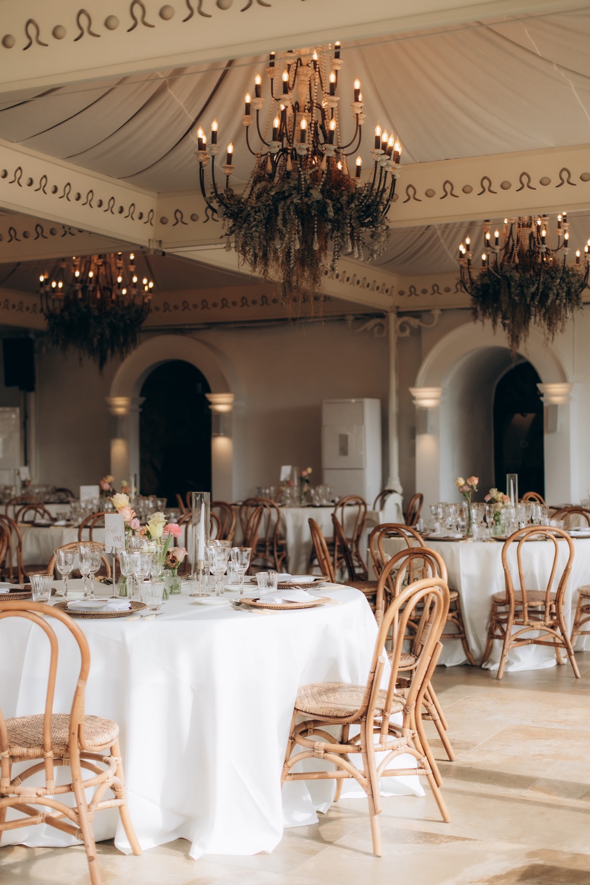 Wedding reception hall with chandeliers